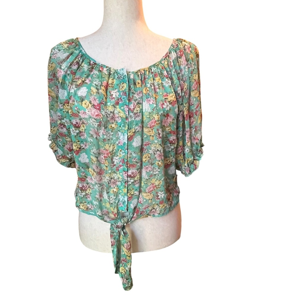 dELiA*s Floral Blouse Womens M Green Crop Tie Front Puff Sleeve Cottagecore Y2K